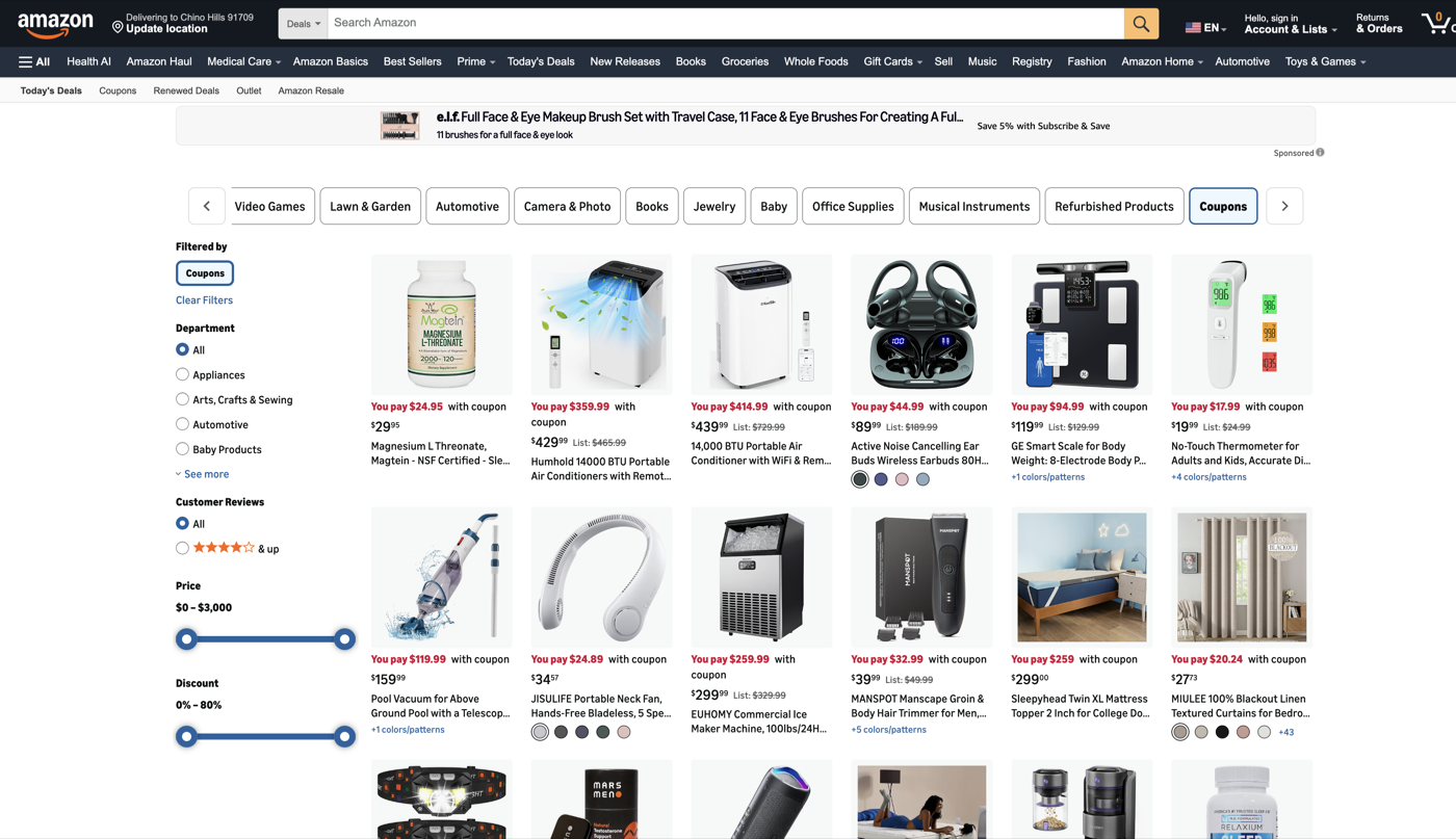 Amazon Coupons section under Today's Deals