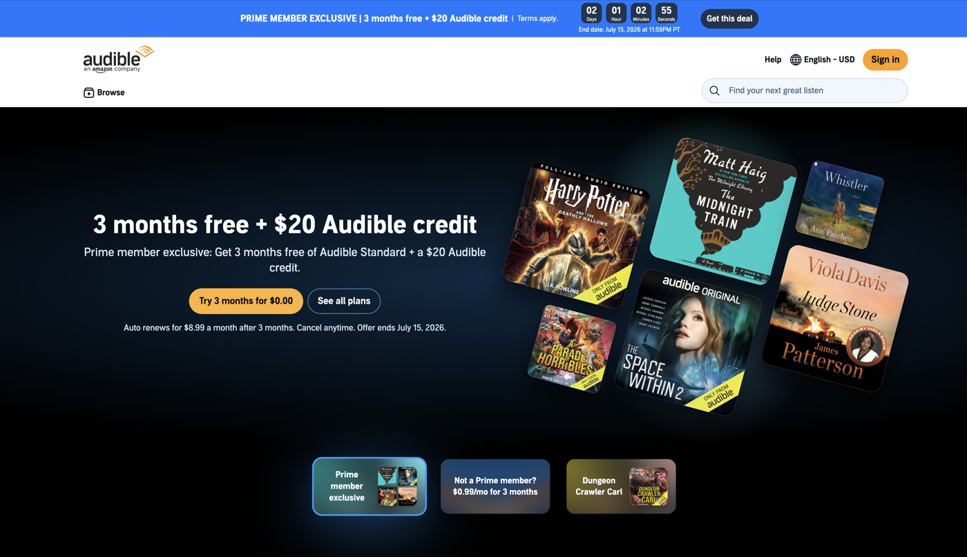 Audible homepage showing Prime free trial offer